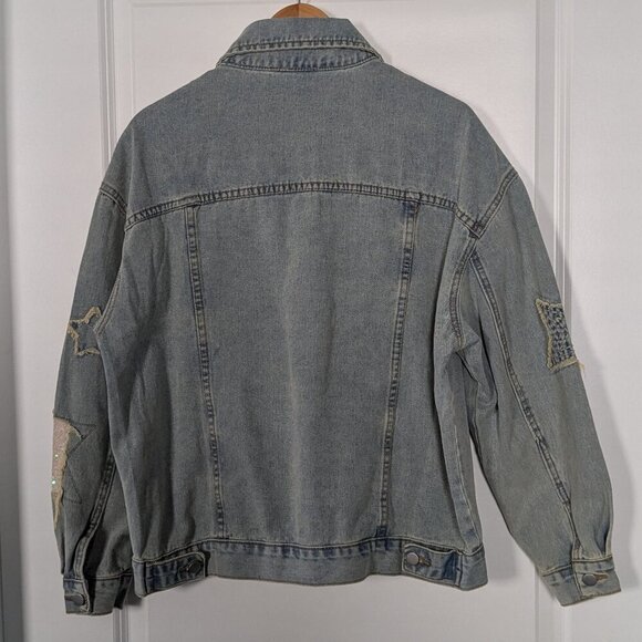 Savanna Jane Jean Jacket Women's Large Distressed Embroidered Pink Stars Sequins - Picture 6 of 16
